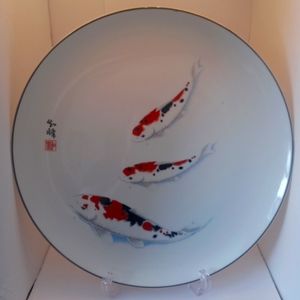 Vintage Hand-Painted Three Black Orange and White Koi Fish Platter.